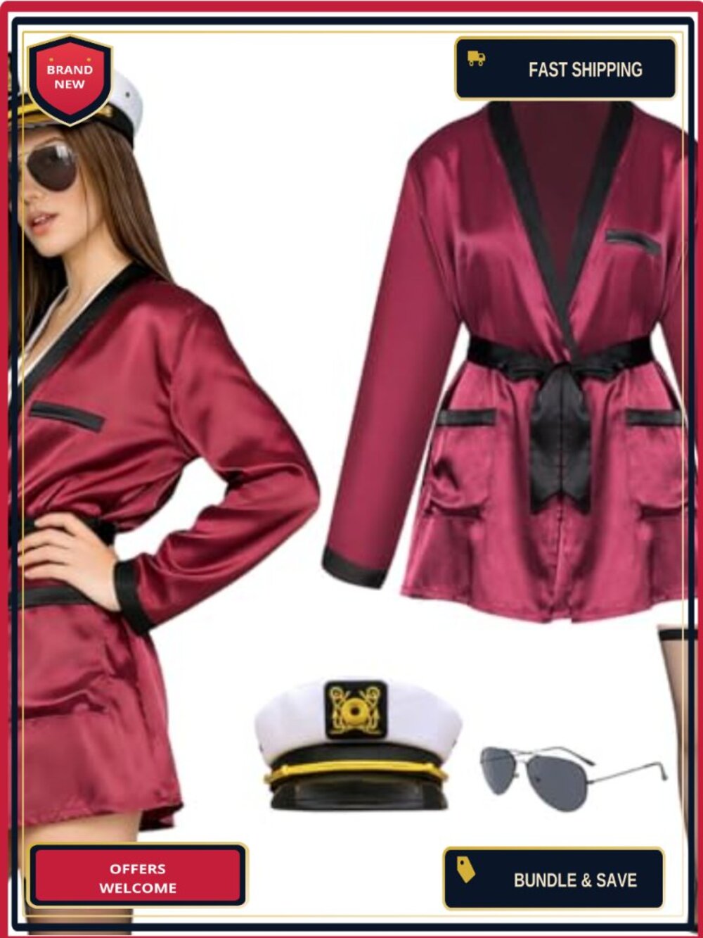 Satin Kimono Robe Captain Hat Cosplay Costume Set